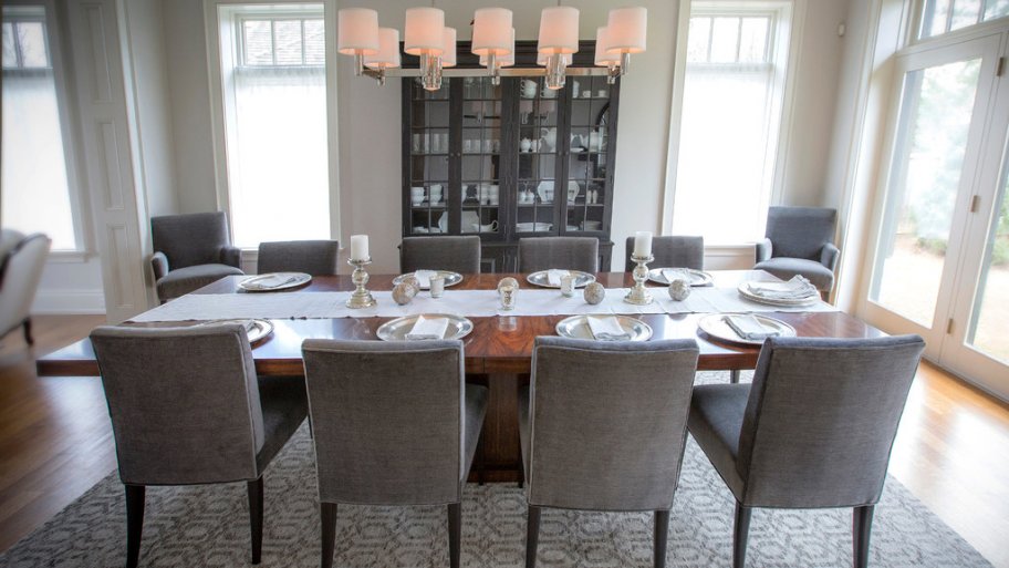 eight person dining table, gray tones, hardwood floors, chandelier